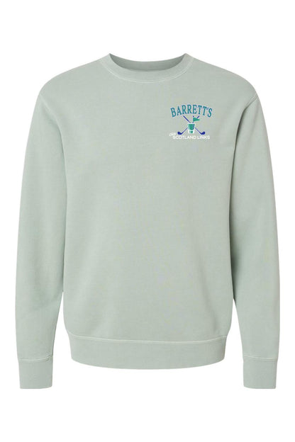Sage green pigment-dyed crewneck sweatshirt with Barrett's Olde Scotland Links golf logo on the chest.