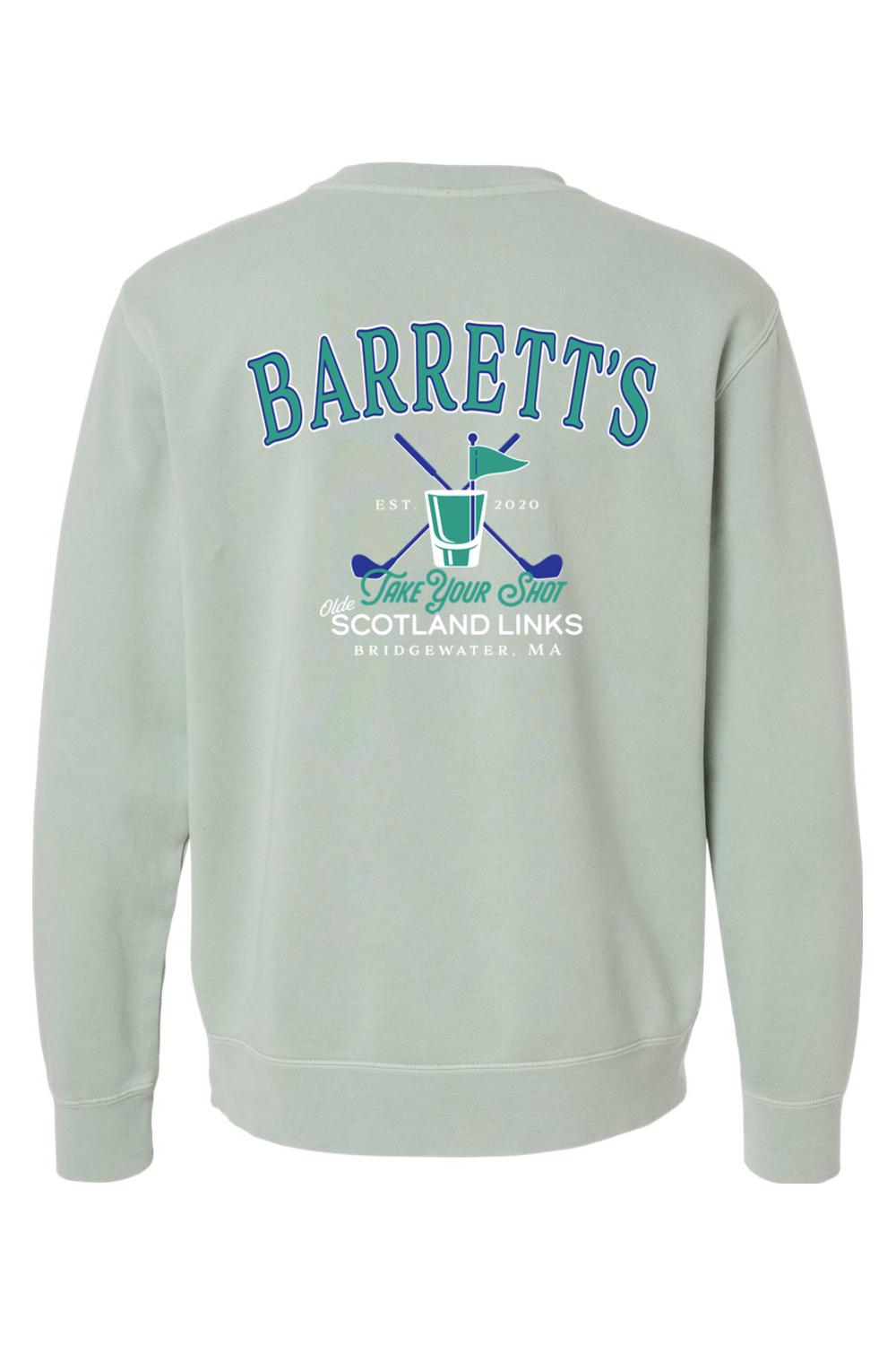 Sage green pigment-dyed crewneck sweatshirt with Barrett's Olde Scotland Links golf graphic on the back.