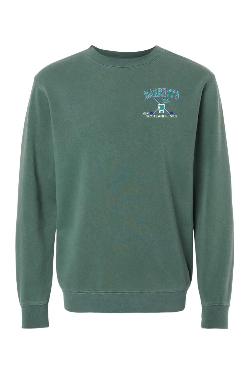 Forest green pigment-dyed crewneck sweatshirt with Barrett's Olde Scotland Links logo on the chest.