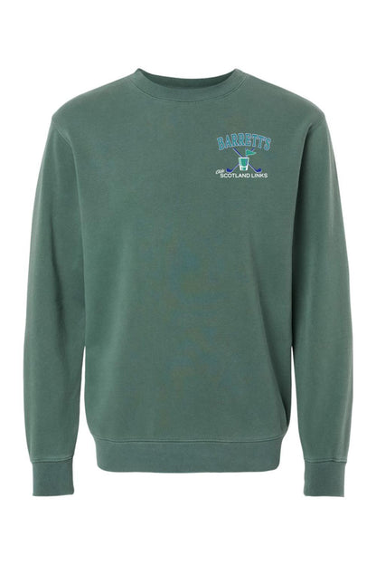 Forest green pigment-dyed crewneck sweatshirt with Barrett's Olde Scotland Links logo on the chest.
