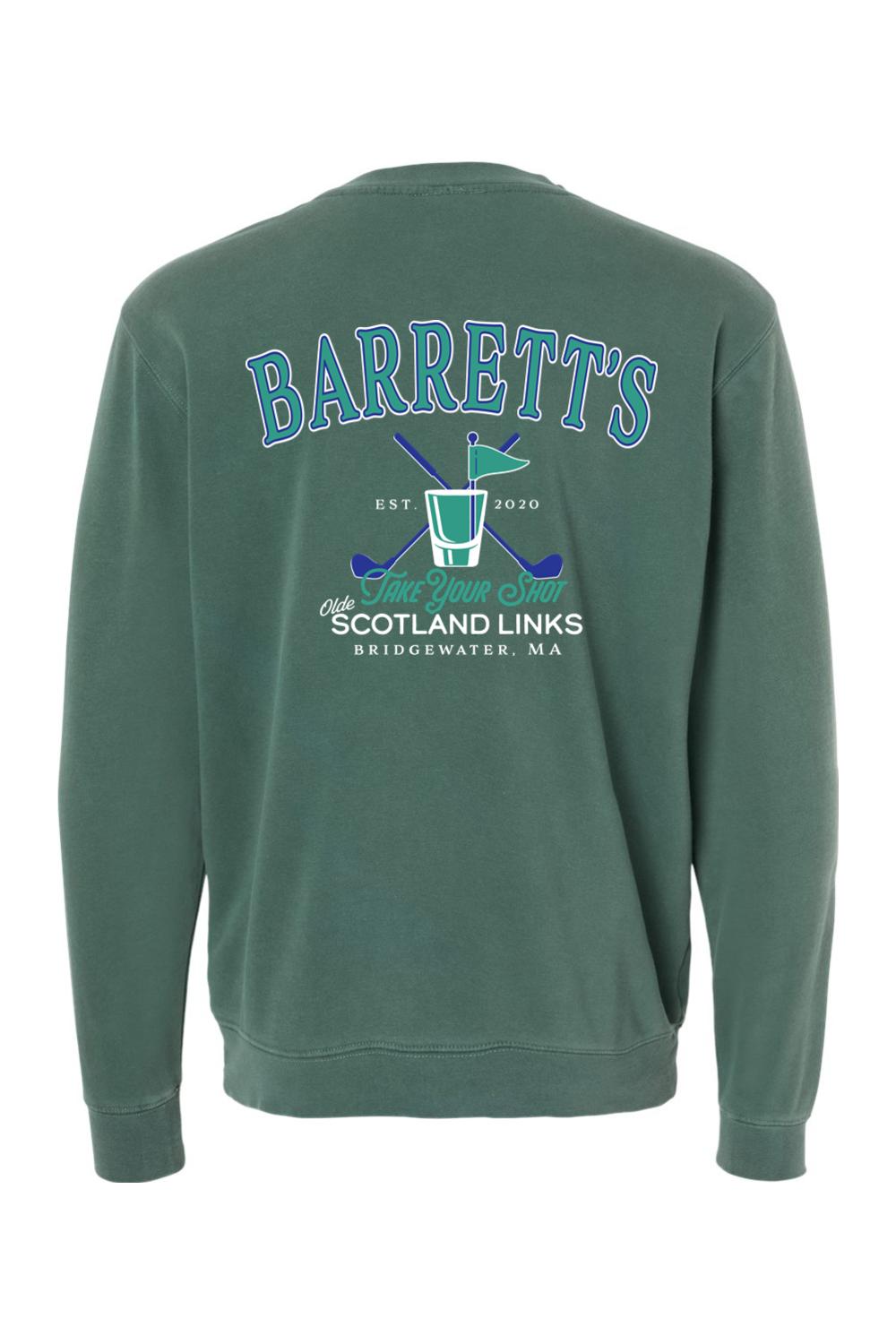 Forest green pigment-dyed crewneck sweatshirt featuring a Barrett's Olde Scotland Links golf graphic on the back.