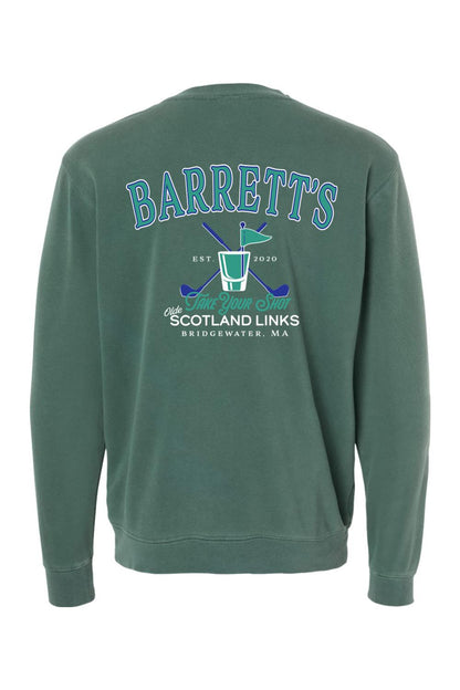 Forest green pigment-dyed crewneck sweatshirt featuring a Barrett's Olde Scotland Links golf graphic on the back.