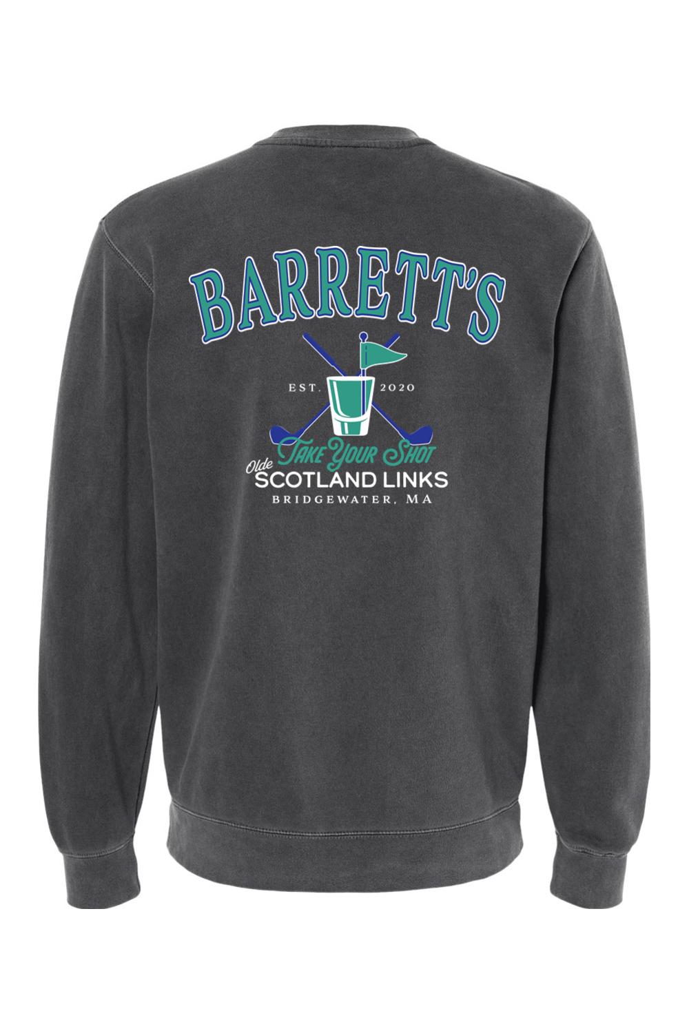 Charcoal pigment-dyed crewneck sweatshirt featuring a Barrett's Olde Scotland Links golf graphic on the back.