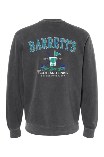 Charcoal pigment-dyed crewneck sweatshirt featuring a Barrett's Olde Scotland Links golf graphic on the back.