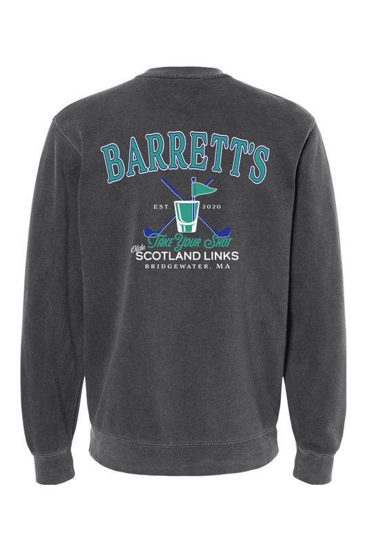 Charcoal pigment-dyed crewneck sweatshirt featuring a Barrett's Olde Scotland Links golf graphic on the back.