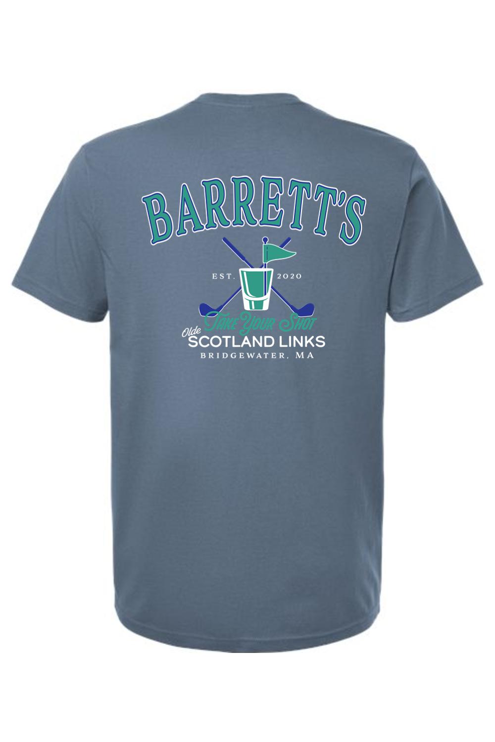 Blue-grey cotton t-shirt featuring a golf-themed graphic with crossed clubs, a flag, and Barrett's Scotland Links text.