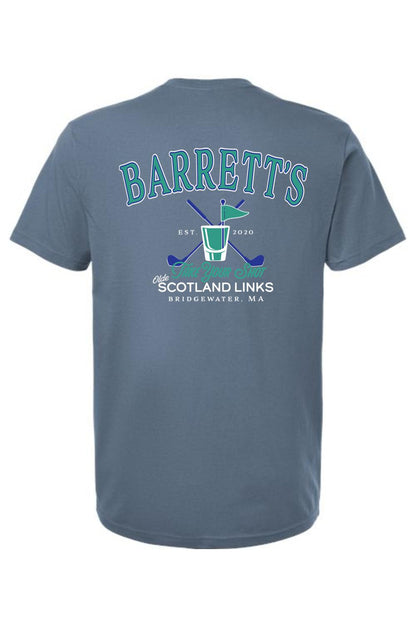 Blue-grey cotton t-shirt featuring a golf-themed graphic with crossed clubs, a flag, and Barrett's Scotland Links text.