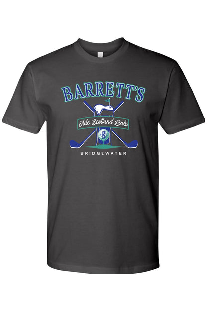 Charcoal grey cotton t-shirt featuring a Barrett's Olde Scotland Links golf logo with crossed clubs and a beer glass.