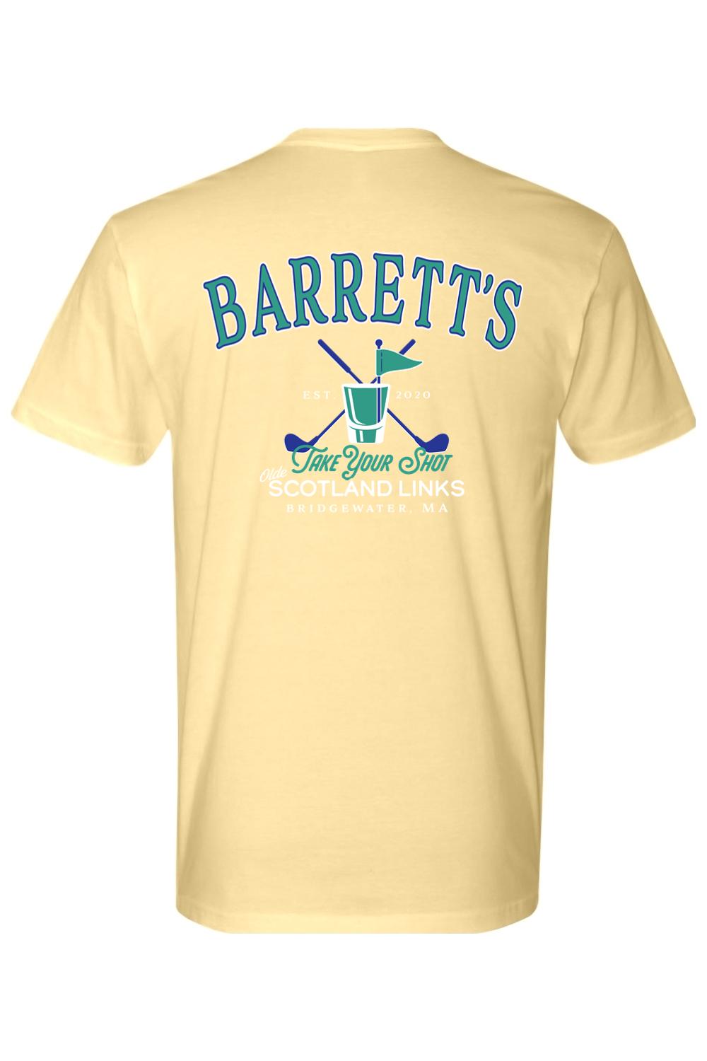 Light yellow cotton t-shirt featuring a blue and green Barrett's Olde Scotland Links golf graphic on the back.