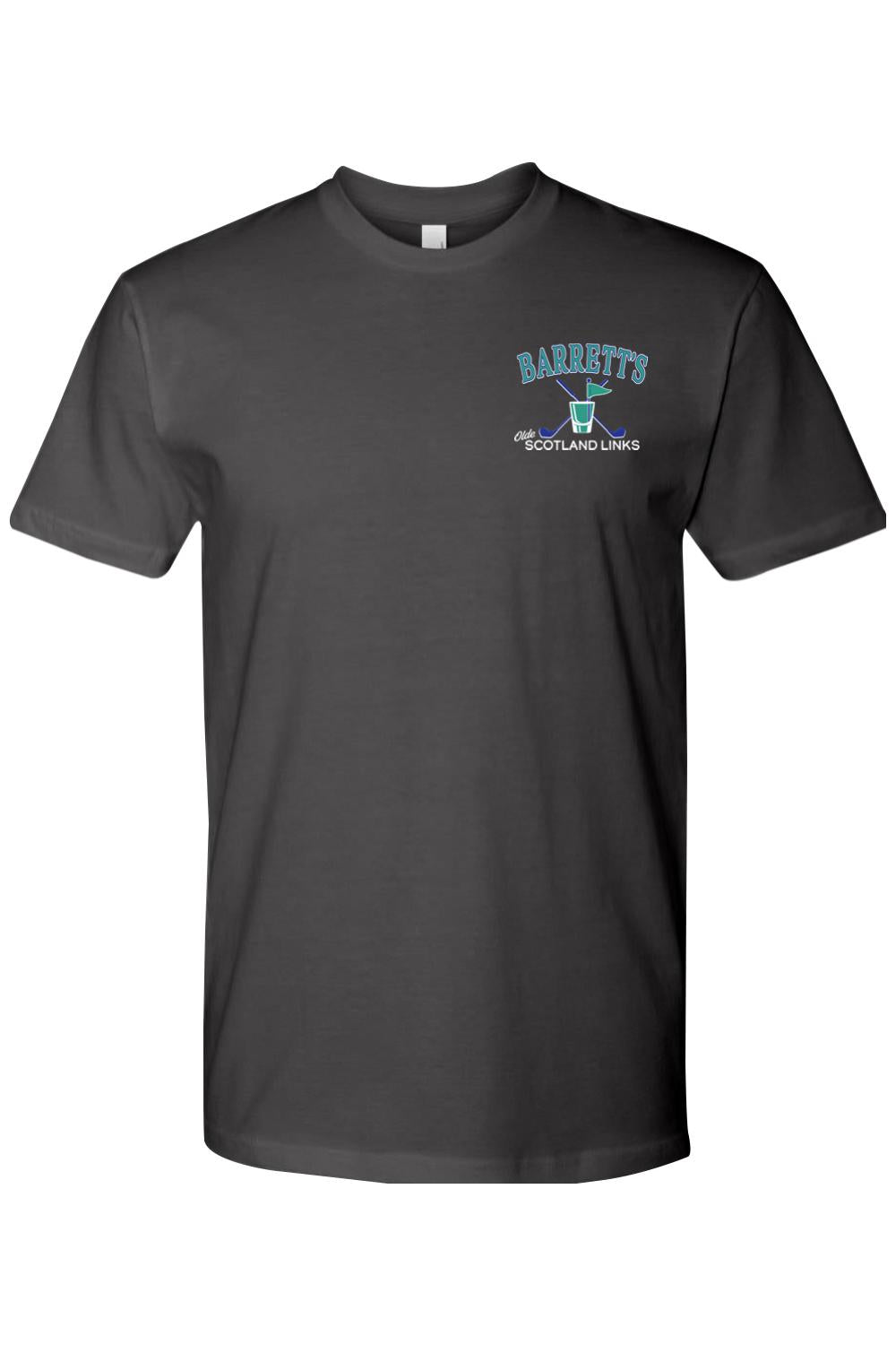 Charcoal gray 100% cotton t-shirt featuring a Barrett's Olde Scotland Links golf logo on the left chest.