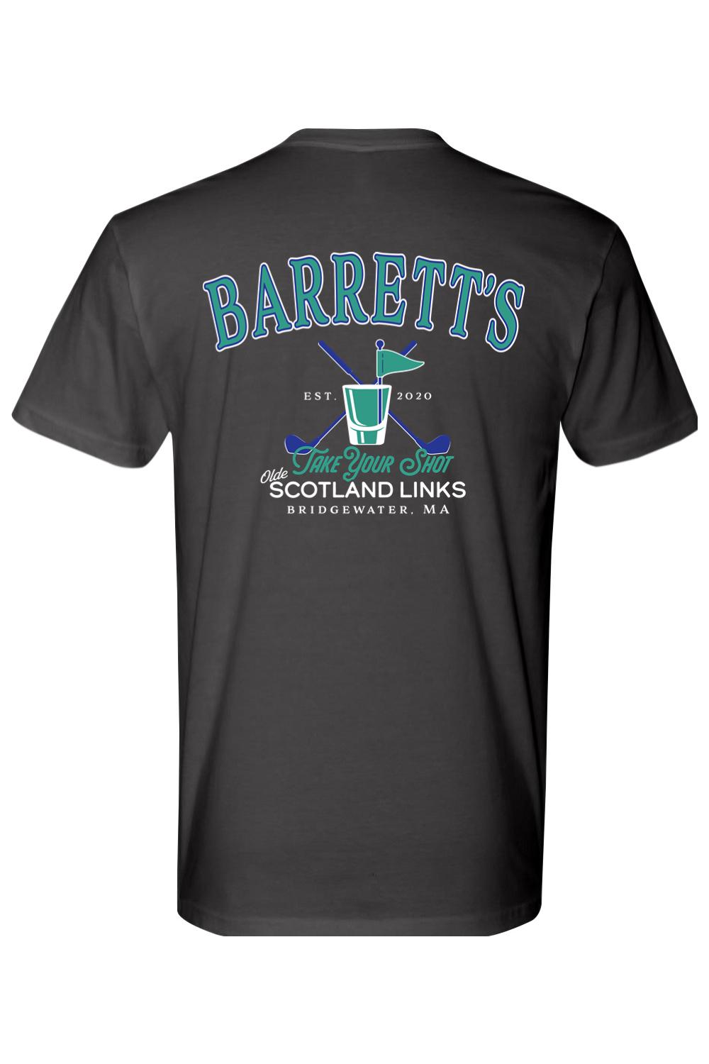 Black cotton t-shirt featuring a back graphic of Barrett's Olde Scotland Links logo with golf clubs and a shot glass.