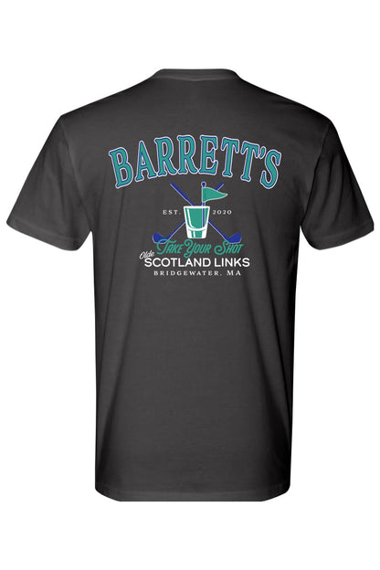 Black cotton t-shirt featuring a back graphic of Barrett's Olde Scotland Links logo with golf clubs and a shot glass.