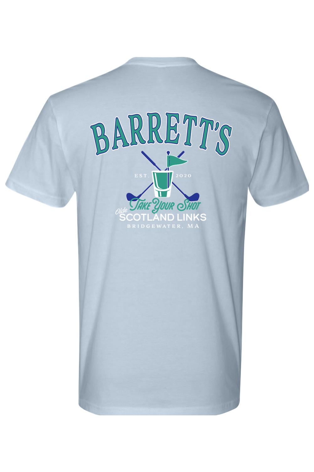 Light blue cotton t-shirt featuring a Barrett's Olde Scotland Links golf logo with crossed clubs and a glass on the back.