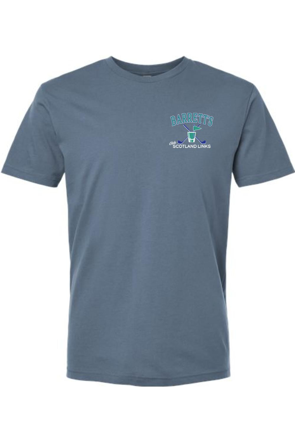 Blue 100% cotton crew neck t-shirt featuring a Barrett's Olde Scotland Links golf logo on the left chest.
