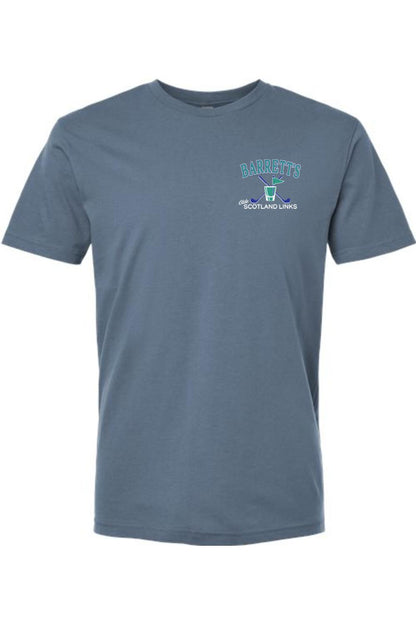 Blue 100% cotton crew neck t-shirt featuring a Barrett's Olde Scotland Links golf logo on the left chest.