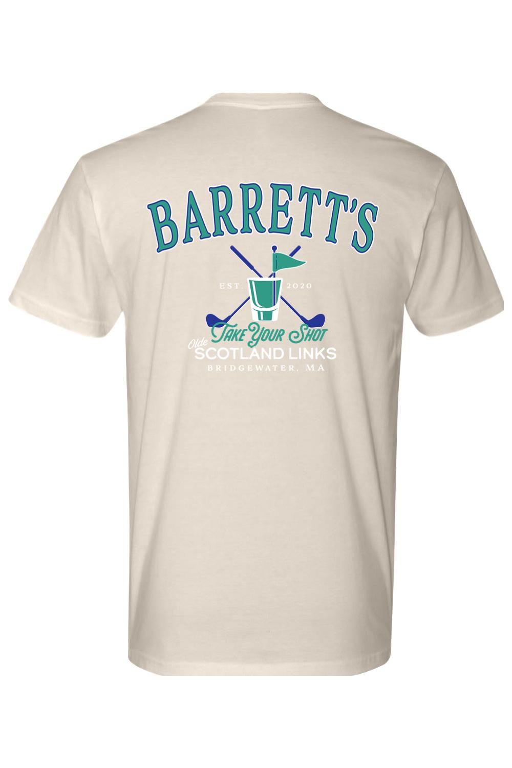 Beige 100% cotton t-shirt featuring a blue and green golf-themed graphic on the back with crossed clubs and a flag.