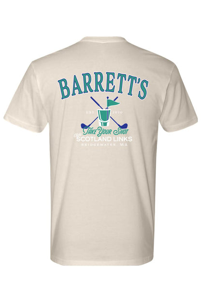 Beige 100% cotton t-shirt featuring a blue and green golf-themed graphic on the back with crossed clubs and a flag.