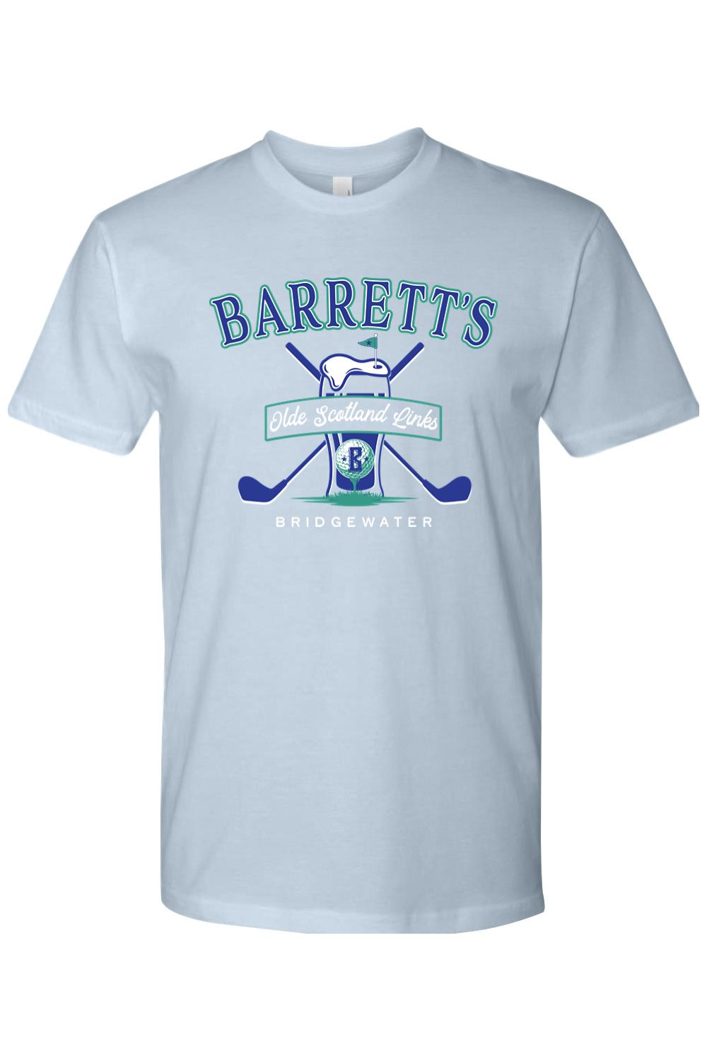 Light blue cotton t-shirt featuring a Barrett's Olde Scotland Links golf logo with crossed clubs and a beer glass graphic.