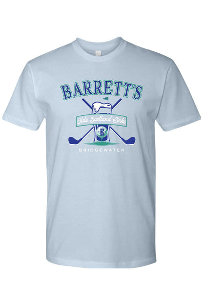 Light blue cotton t-shirt featuring a Barrett's Olde Scotland Links golf logo with crossed clubs and a beer glass graphic.