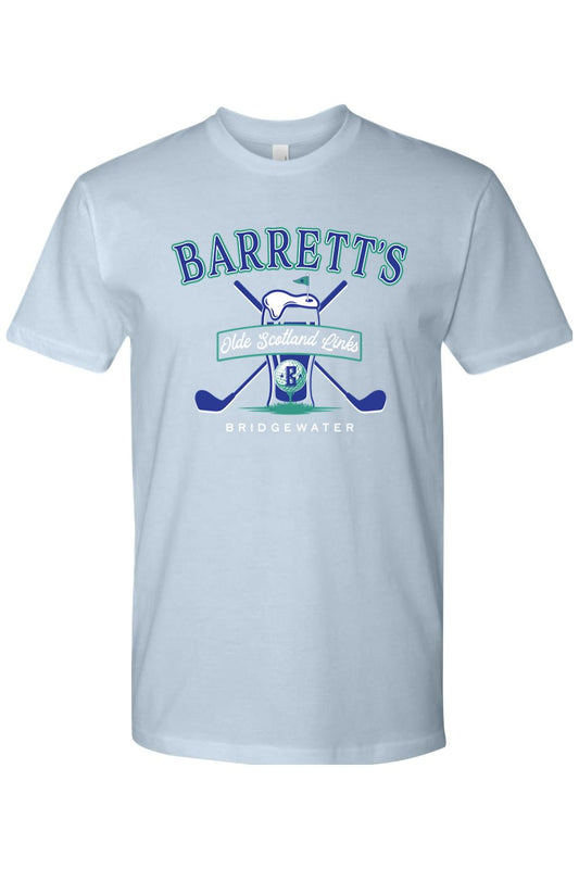 Light blue cotton t-shirt featuring a Barrett's Olde Scotland Links golf logo with crossed clubs and a beer glass graphic.