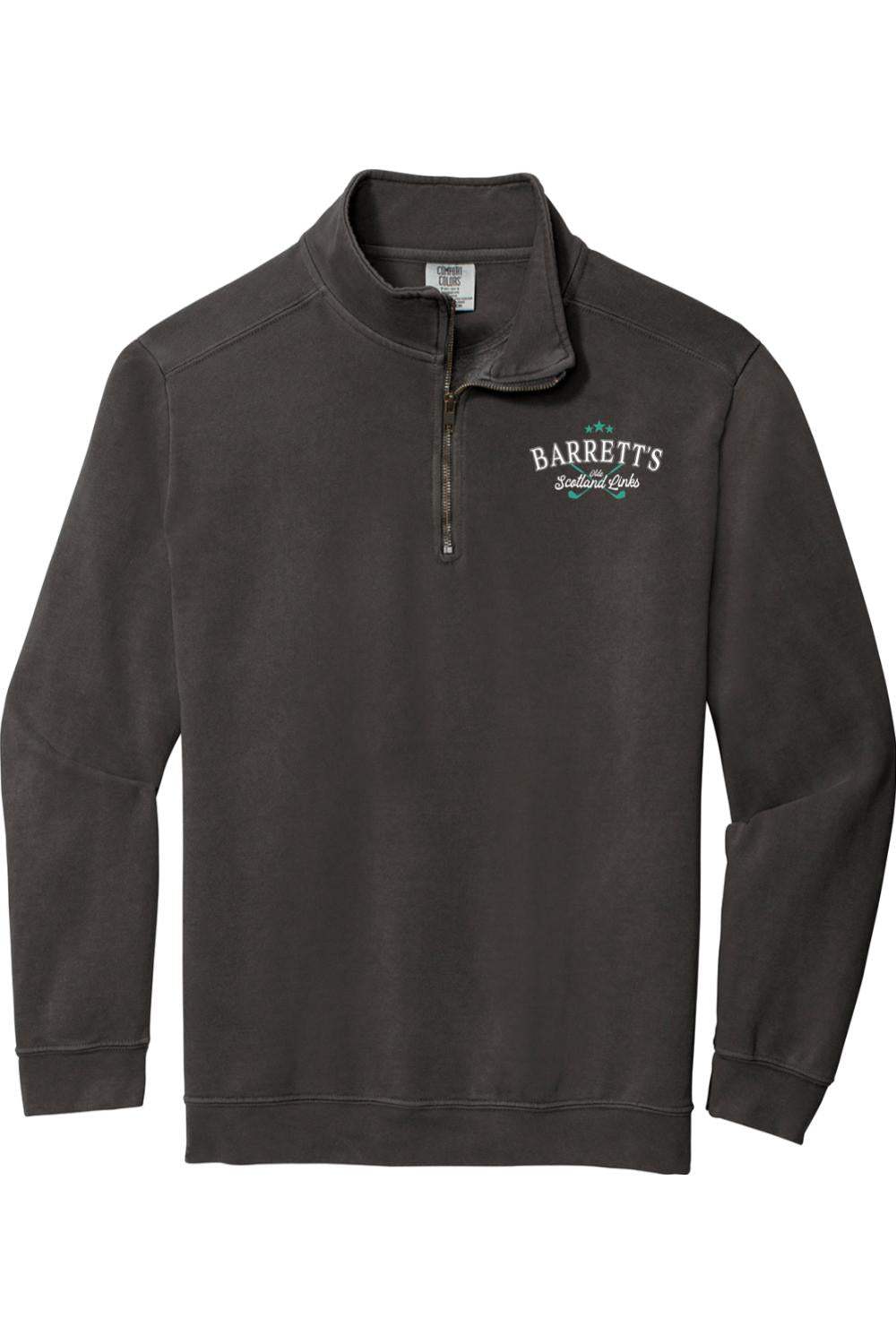 Charcoal grey Comfort Colors 1/4-zip sweatshirt with Barrett's Olde Scotland Links logo embroidery.