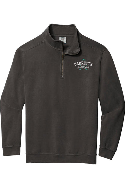 Charcoal grey Comfort Colors 1/4-zip sweatshirt with Barrett's Olde Scotland Links logo embroidery.