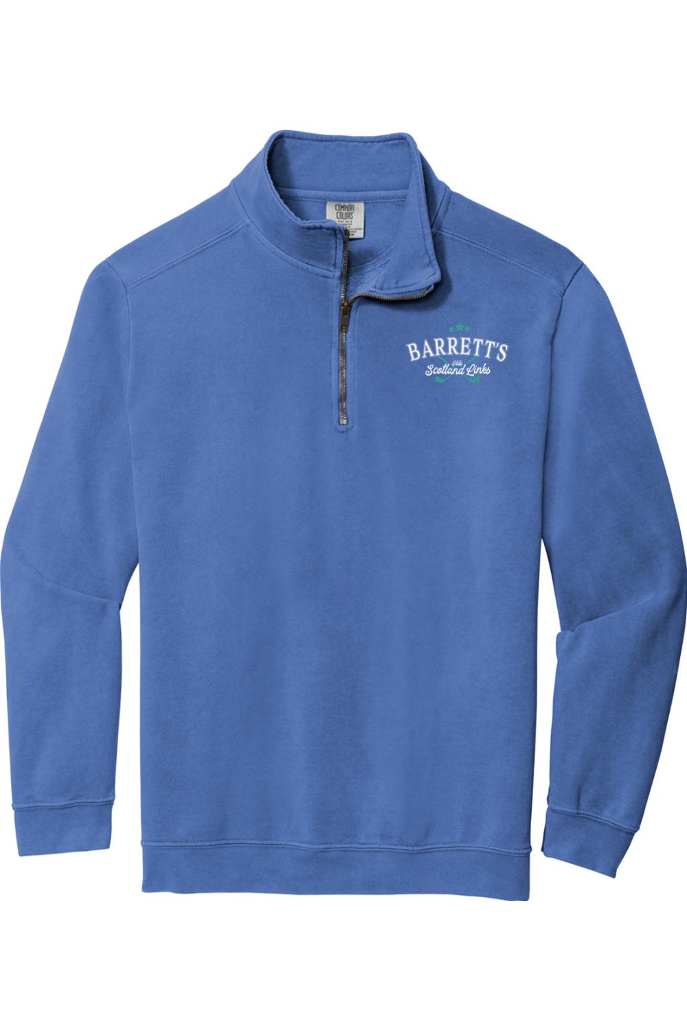 Blue Comfort Colors 1/4-zip sweatshirt featuring the Barrett's Olde Scotland Links logo embroidered on the chest.