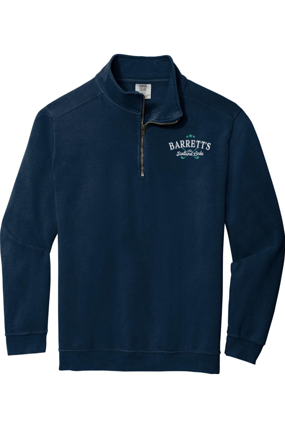 Navy blue Comfort Colors 1/4-zip sweatshirt with Barrett's Olde Scotland Links logo embroidered on the chest.