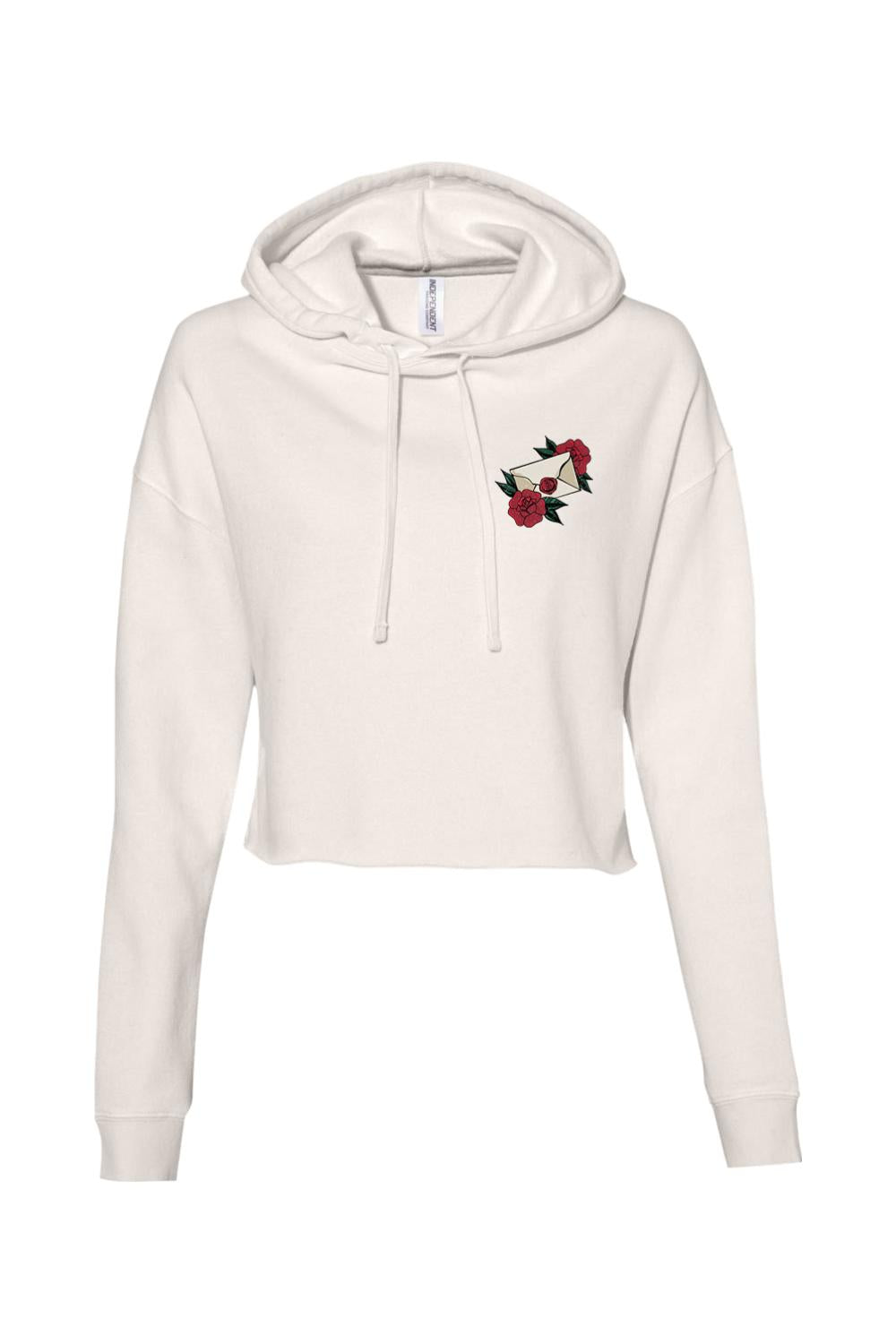 Cream-colored cropped hoodie featuring a small embroidered envelope and red rose graphic on the chest.