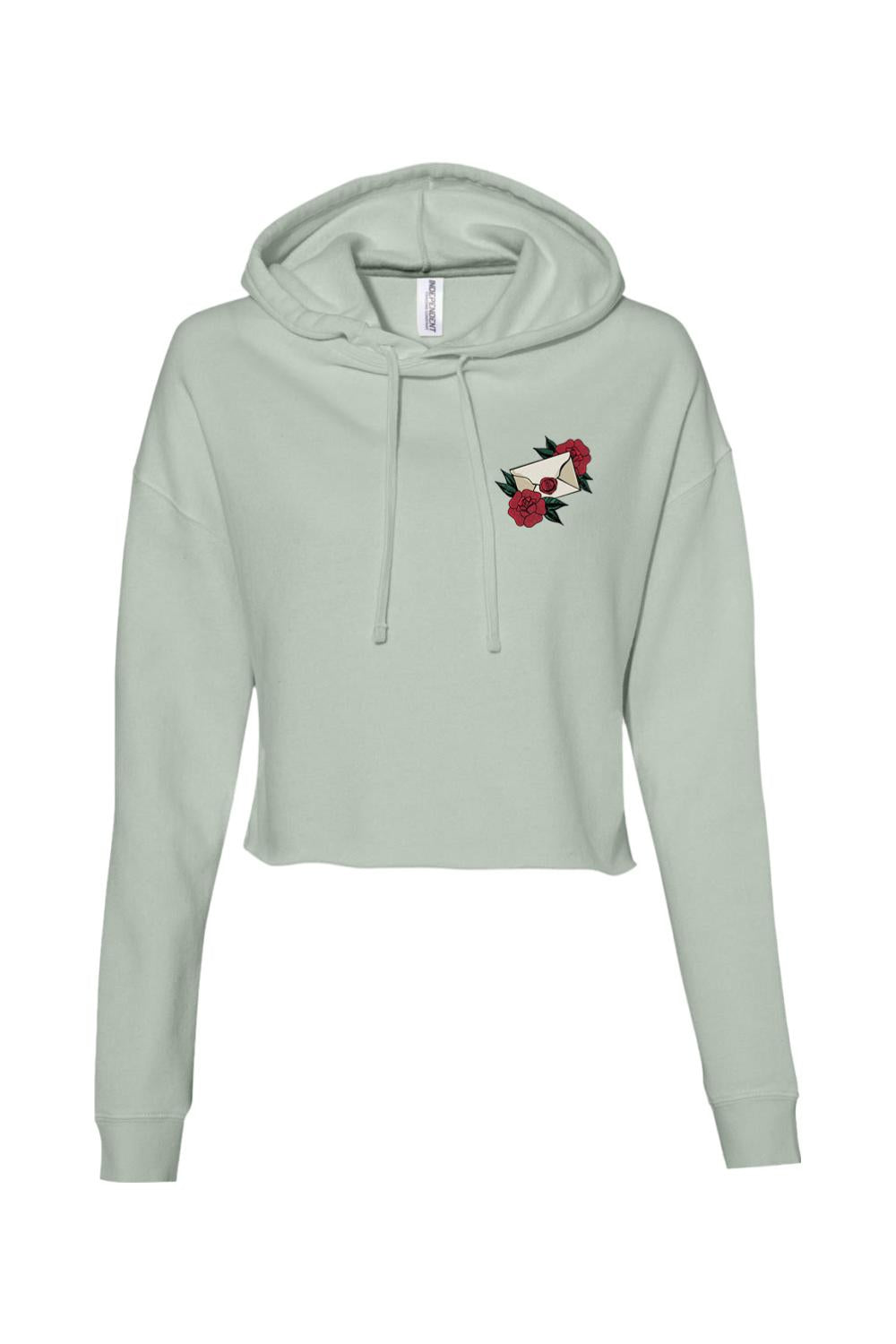 Sage green cropped hoodie with a small envelope and red rose graphic on the chest and a drawstring hood.