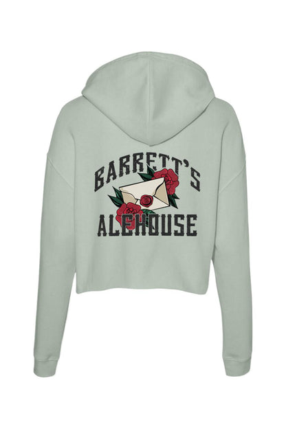 Sage green cropped hoodie featuring a Barrett's Alehouse graphic with a wax-sealed envelope and red roses on the back.