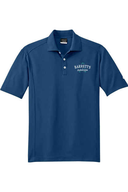 Blue Nike Dri-FIT golf polo with a three-button placket and Barrett's Scotland Links logo on the chest.