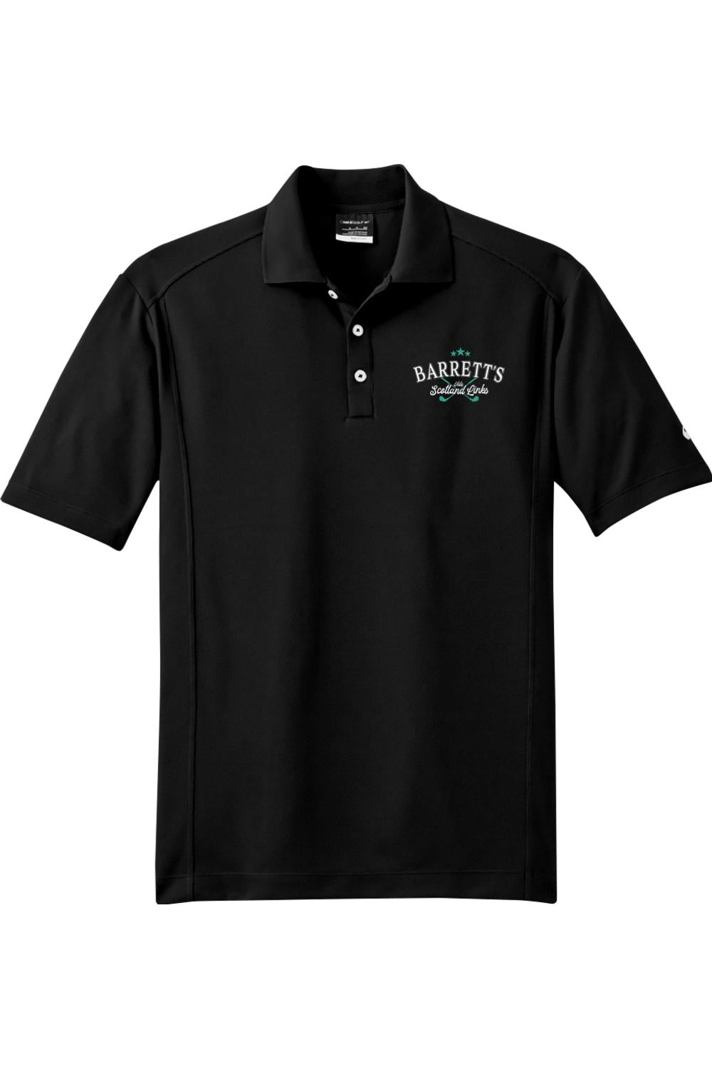 Black Nike Dri-FIT golf polo with a three-button placket and Barrett's Scotland Links logo embroidered on the chest.