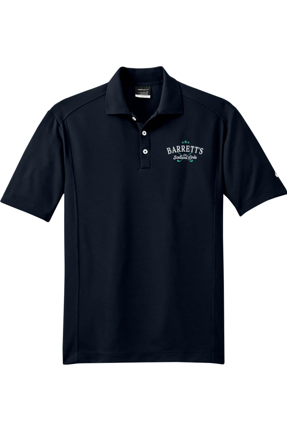 Navy blue Nike Dri-FIT golf polo with a white Barrett's Scotland Links logo on the chest and a three-button placket.