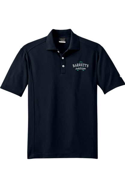 Navy blue Nike Dri-FIT golf polo with a white Barrett's Scotland Links logo on the chest and a three-button placket.