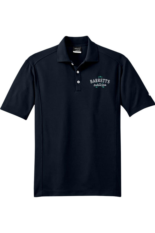 Navy blue Nike Dri-FIT golf polo with a white Barrett's Scotland Links logo on the chest and a three-button placket.