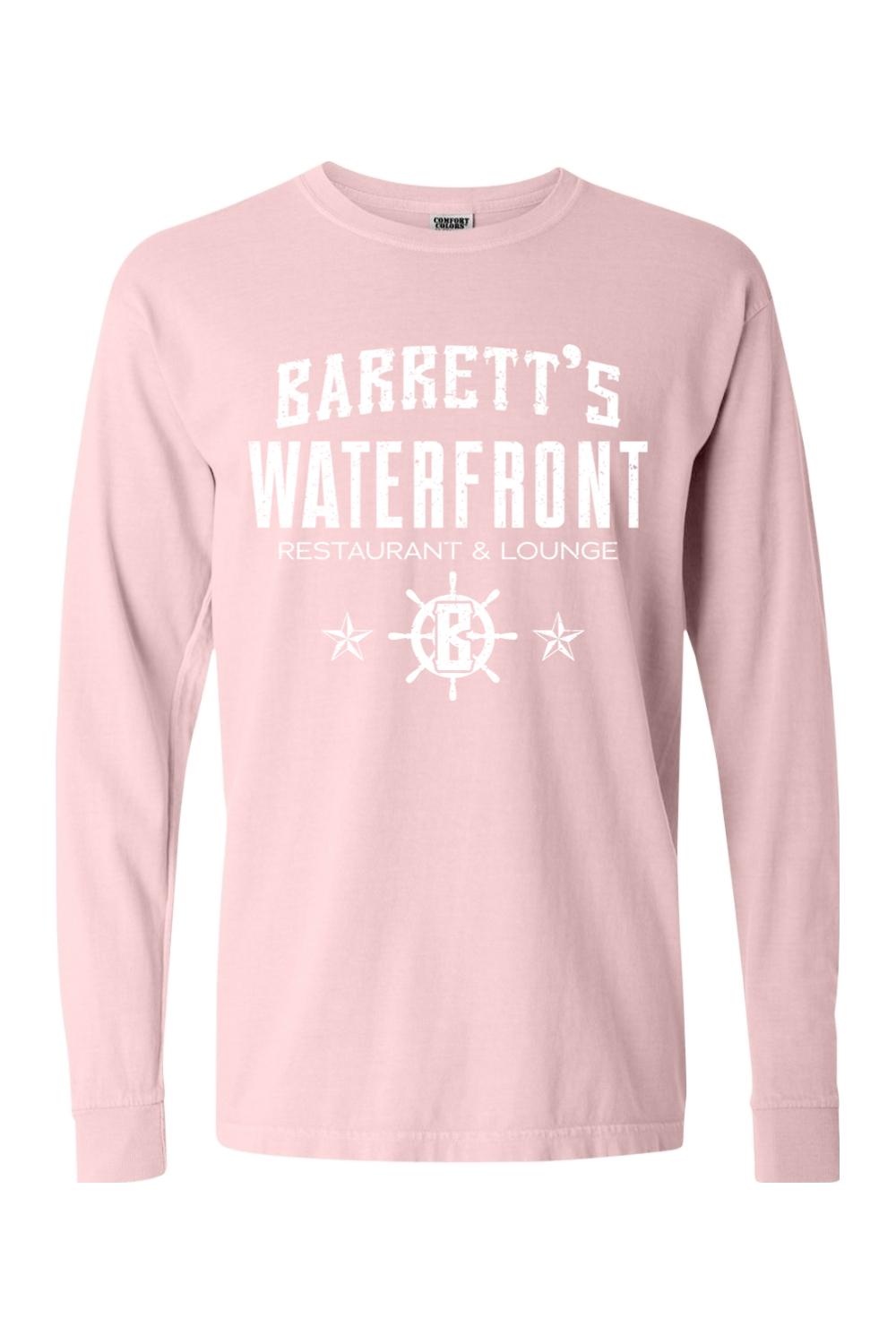 Light pink Comfort Colors long sleeve cotton t-shirt featuring a white Barrett's Waterfront logo and nautical graphic.