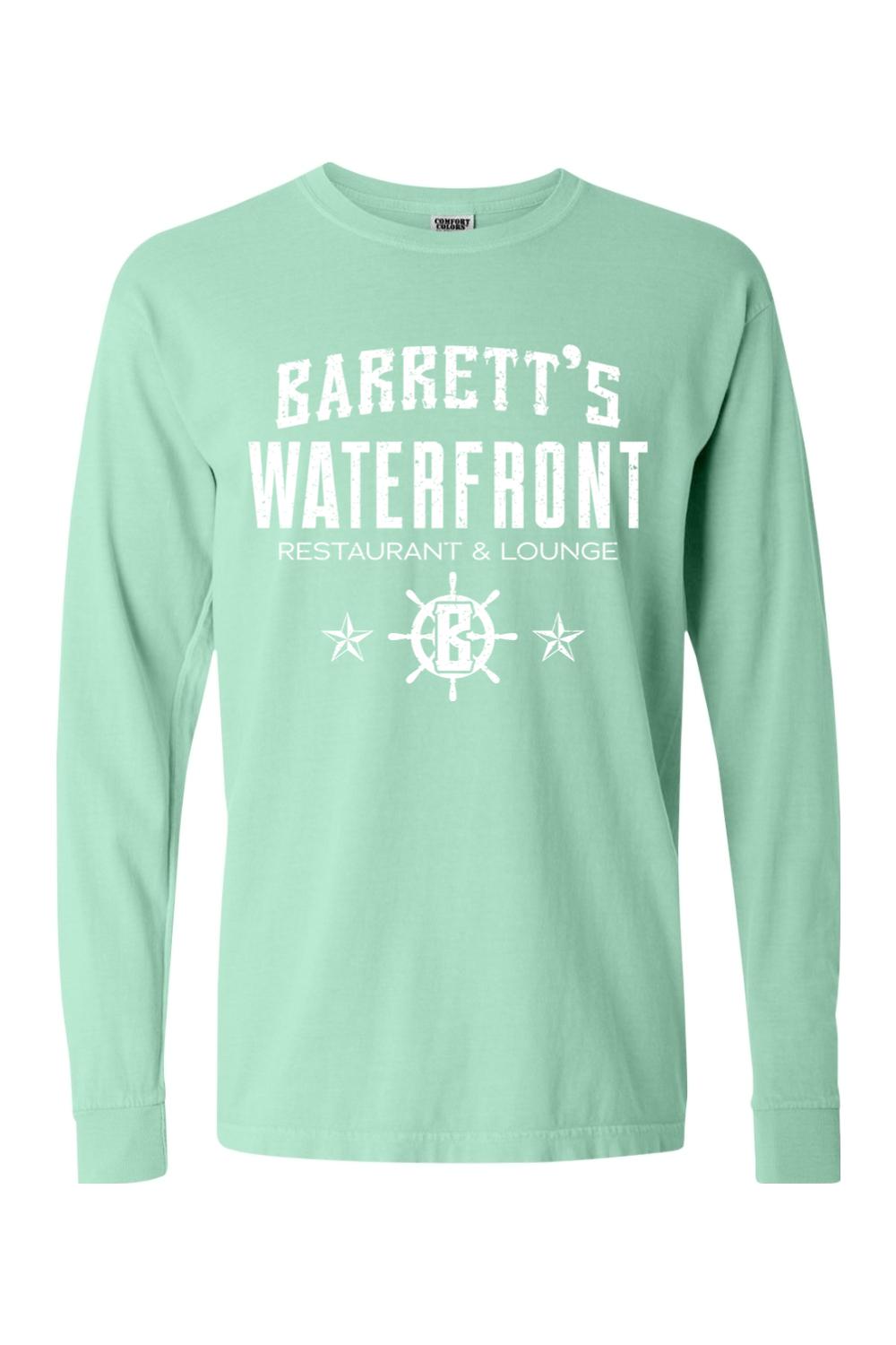 Mint green Comfort Colors long sleeve shirt with white Barrett's Waterfront restaurant logo and ship wheel graphic.