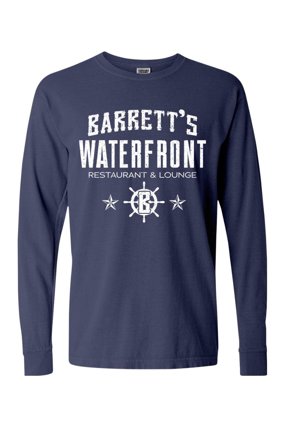 Navy blue Comfort Colors long sleeve cotton t-shirt featuring a white Barrett's Waterfront logo and ship wheel graphic.
