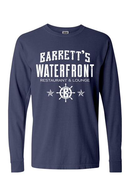 Navy blue Comfort Colors long sleeve cotton t-shirt featuring a white Barrett's Waterfront logo and ship wheel graphic.