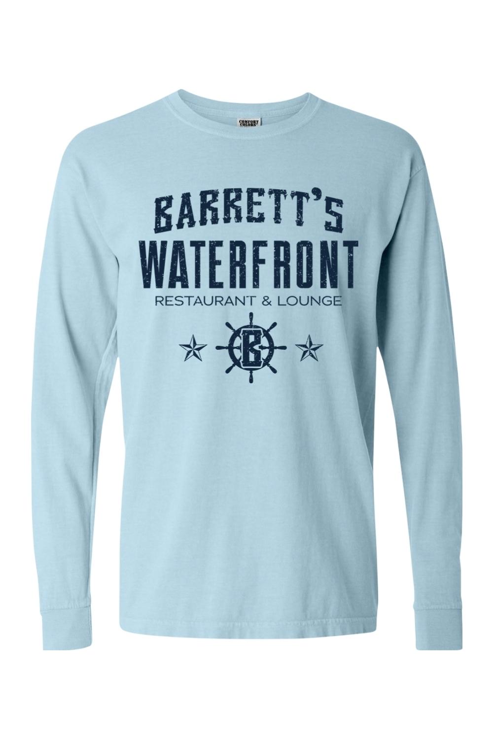 Light blue Comfort Colors long sleeve cotton t-shirt with Barrett's Waterfront navy blue graphic print.