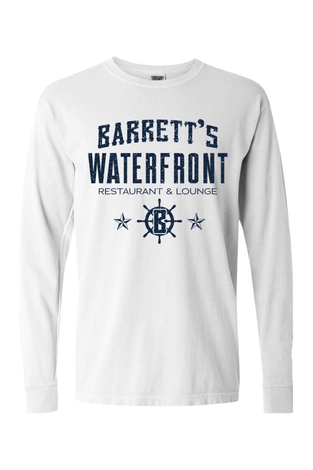 White Comfort Colors long-sleeve t-shirt featuring Barrett's Waterfront logo in navy blue on 100% ringspun cotton.