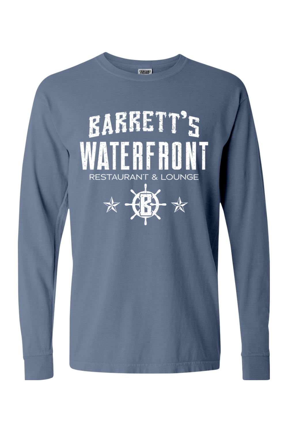 Blue Comfort Colors long-sleeve cotton t-shirt featuring a white Barrett's Waterfront restaurant logo and ship wheel.