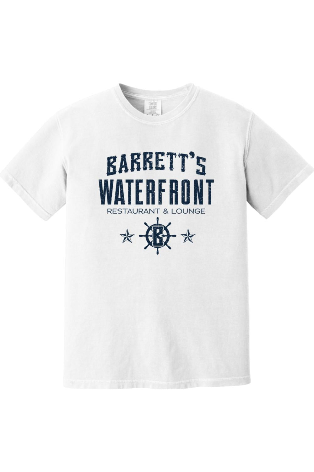White Comfort Colors ringspun cotton t-shirt featuring a navy blue Barrett's Waterfront logo and nautical ship wheel design.
