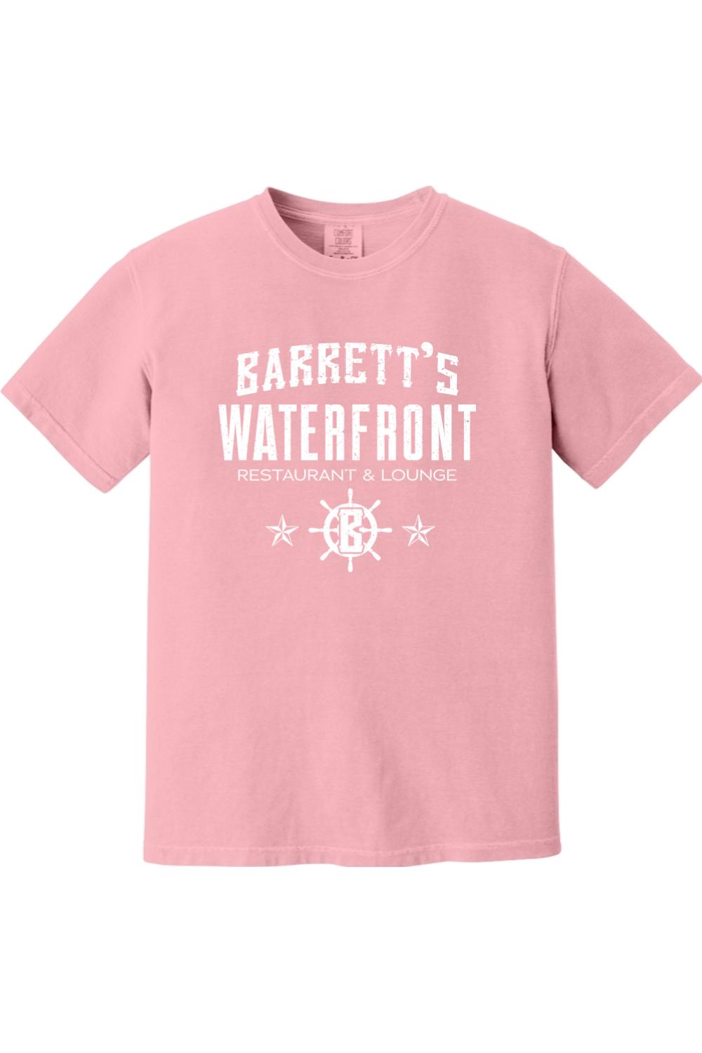 Soft pink Comfort Colors ringspun cotton t-shirt featuring a white Barrett's Waterfront logo and ship wheel graphic.