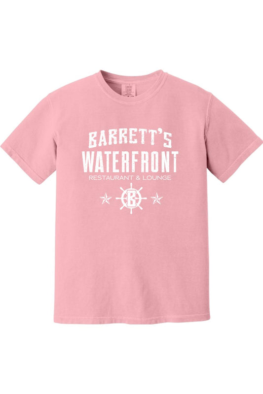 Soft pink Comfort Colors ringspun cotton t-shirt featuring a white Barrett's Waterfront logo and ship wheel graphic.