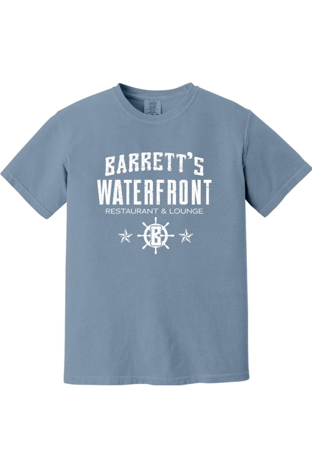 Blue Comfort Colors ringspun cotton t-shirt featuring white Barrett's Waterfront Restaurant and Lounge logo.