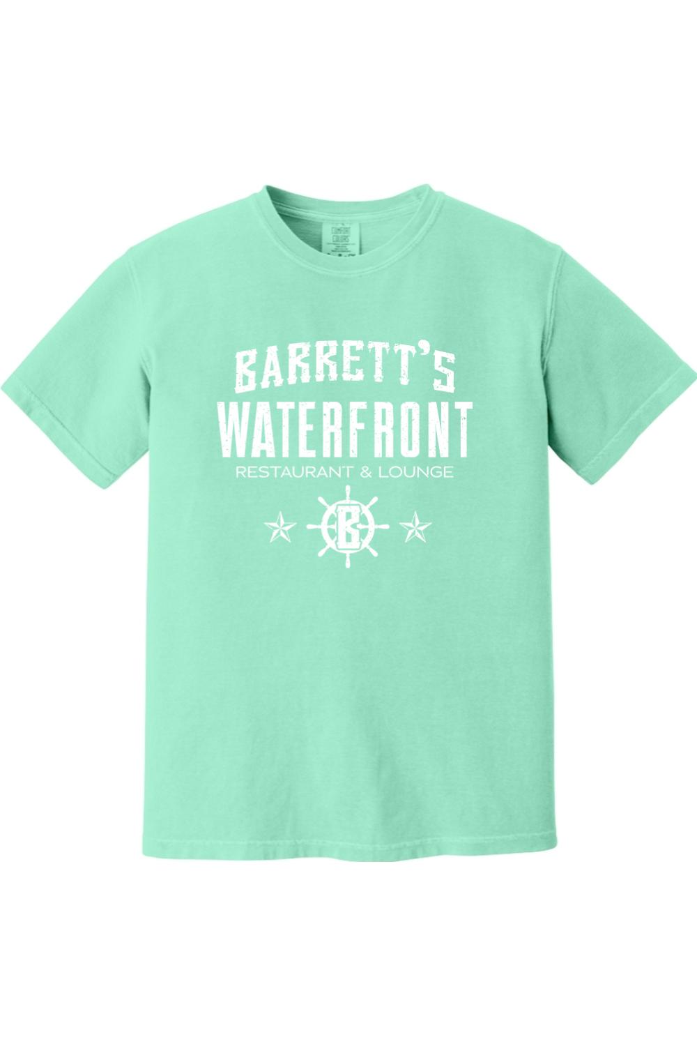 Mint green Comfort Colors ringspun cotton t-shirt featuring a white Barrett's Waterfront logo and nautical graphic.