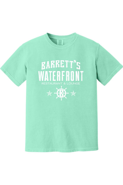 Mint green Comfort Colors ringspun cotton t-shirt featuring a white Barrett's Waterfront logo and nautical graphic.