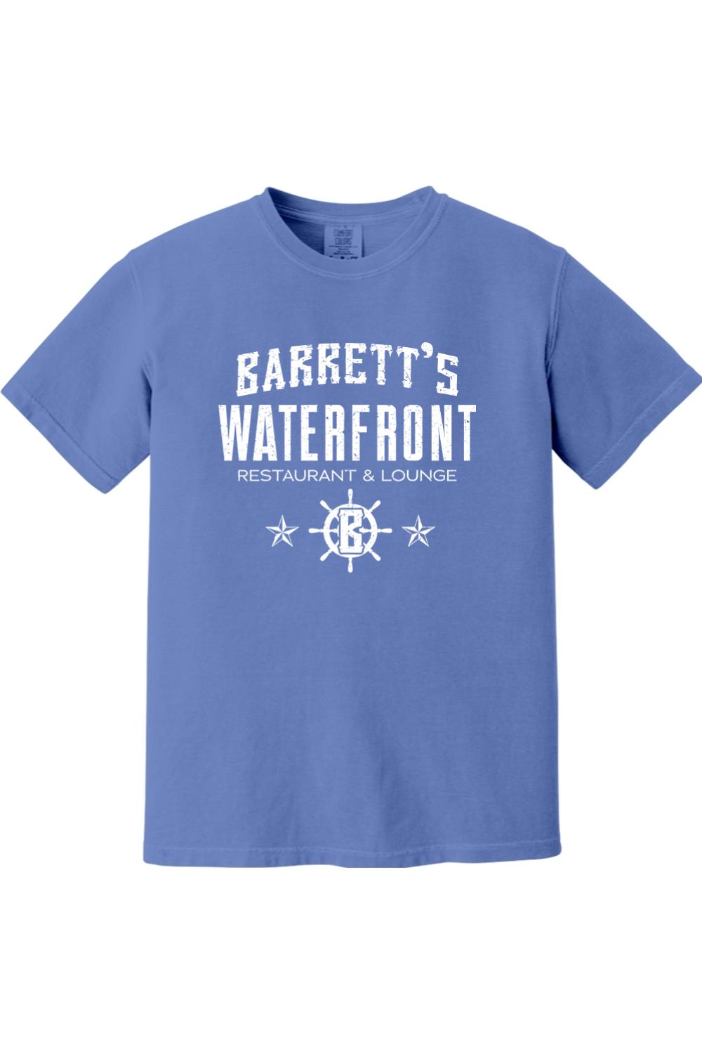 Blue Comfort Colors ringspun cotton t-shirt with white Barrett's Waterfront logo and ship wheel graphic.